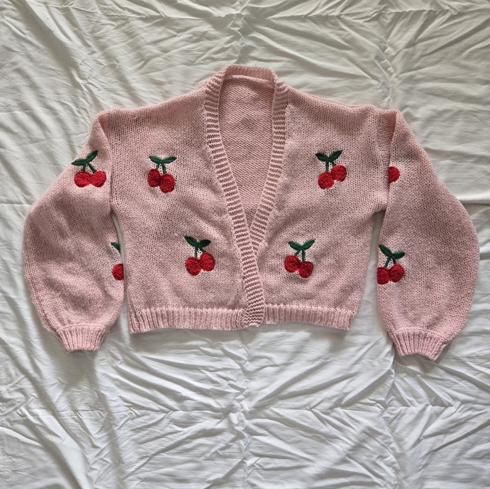 Cherry Embroidered Pink Cardigan